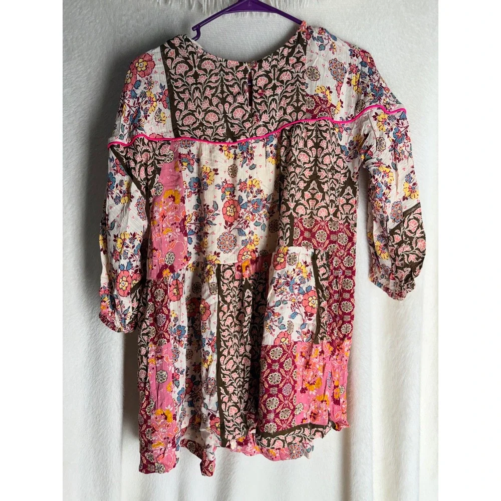 Zara Kids Girls Patchwork Floral Tiered Dress Pink Brown Size 11-12 Boho